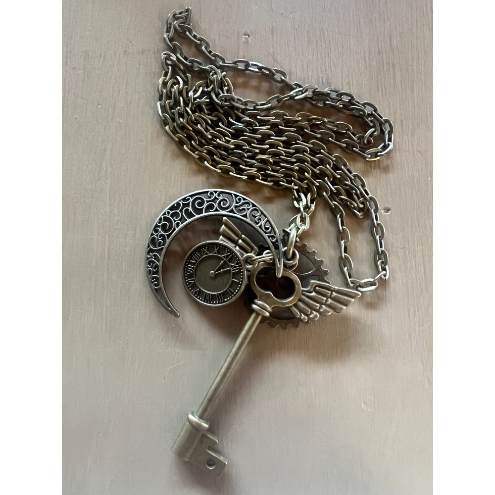 Whimsical Steampunk Charm Necklace Key Wing Clock‎ Pendant Long